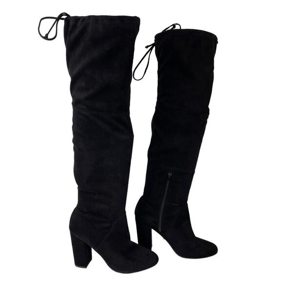 Anthropologie x Faryl Robin Sofia Vegan Suede Knee-High Black Heeled Boot 9 - Picture 1 of 16